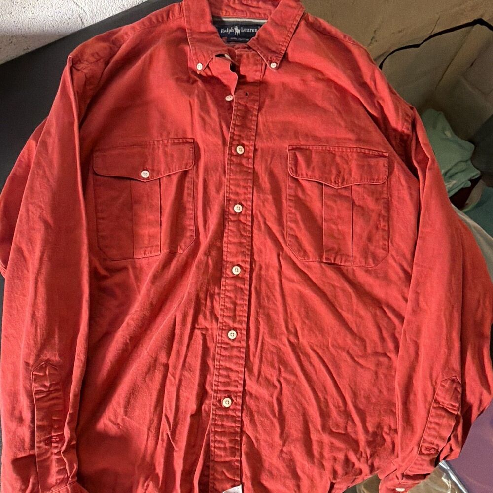 Ralph Lauren Solid Cotton Twill Button-Down Shirt Red Long Sleeve XXL Men